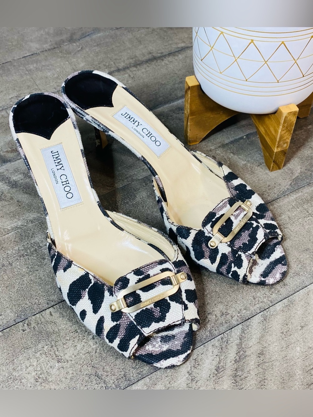 Jimmy Choo Leopard Print Fabric Peep Toe Mule Kitten Heels Size 10 (41)